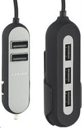 Whizzy 5 Port USB Family Car Charger- Charges Up To 5 Devices Simultaneously Via Car Lighter Socket, 2 x USB Ports For Front Of Car, 3 X USB Ports For Backseats, 1.5m Cable and Backseat Clip, Overall 10.8A, Rapid Charge Recognition, Colour Black