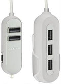 Whizzy 5 Port USB Family Car Charger- Charges Up To 5 Devices Simultaneously, 2 x USB Ports For Front Of Car, 3 X USB Ports For Backseats, 1.5m Cable and Backseat Clip, Overall 10.8A, Rapid Charge Recognition, Colour White