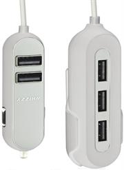 Whizzy 5 Port USB Family Car Charger- Charges Up To 5 Devices Simultaneously, 2 x USB Ports For Front Of Car, 3 X USB Ports For Backseats, 1.5m Cable and Backseat Clip, Overall 10.8A, Rapid Charge Recognition, Colour White