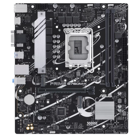 ASUS PRIME B760M-K MATX DDR5 LGA 1700 12-14TH GEN  DIMM SLOT X 2  VGA X 1  HDMI X 1 PCIeX16 X 1  PCIeX1 X 2  M.2 X 2  SATA X 4  2.5GHZ LAN  REAR USB X 6  FRONT USB X 5